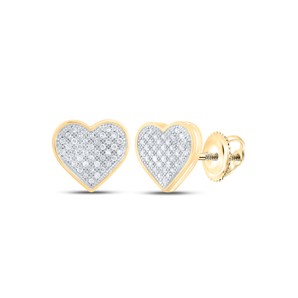 10K Yellow Gold Womens Round Diamond Heart Earrings 1/4 Cttw, Length: 0.39 In, Width: 0.39 In