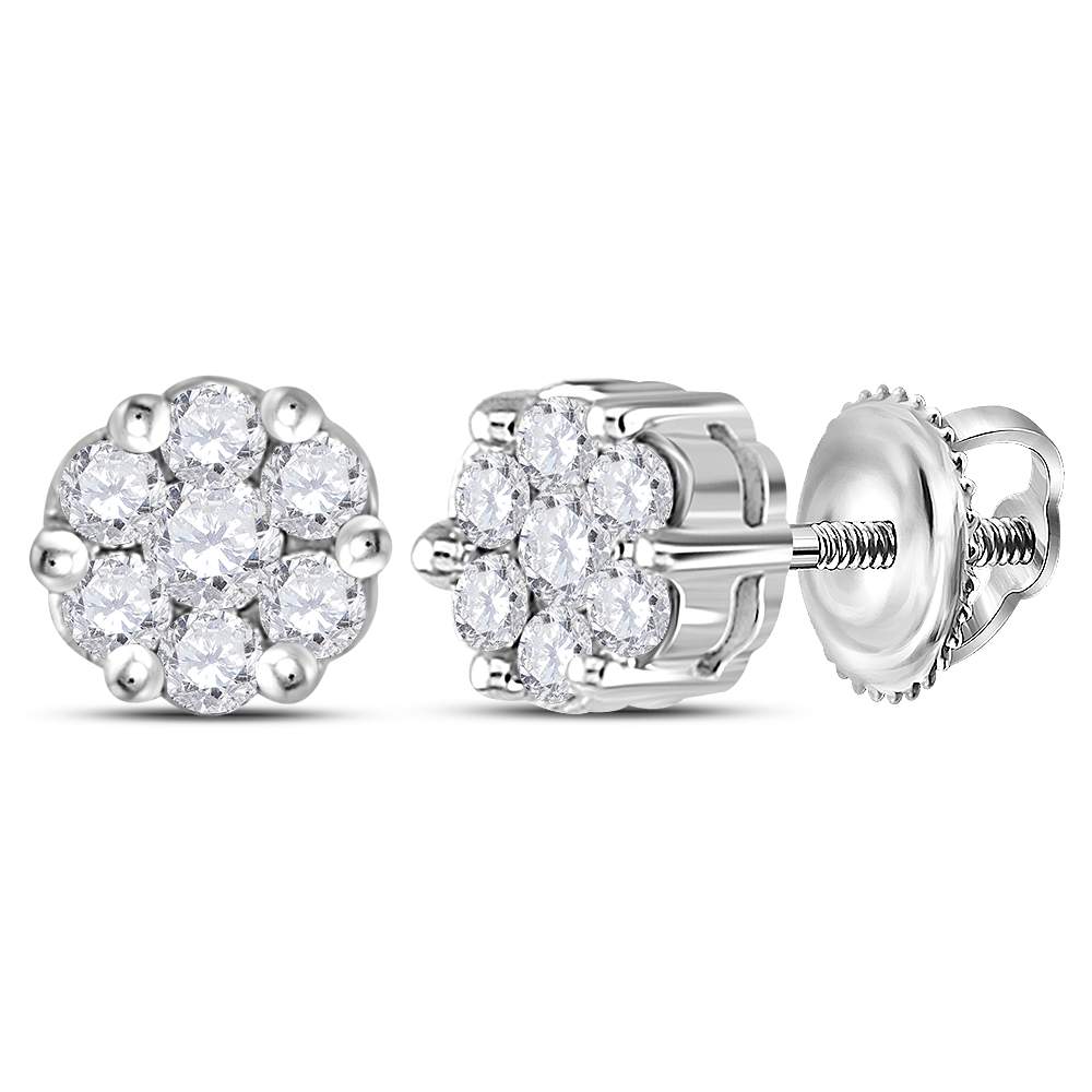 10K White Gold Womens Round Diamond Flower Cluster Earrings 1/4 Cttw, Length: 0.2 In, Width: 0.2 In