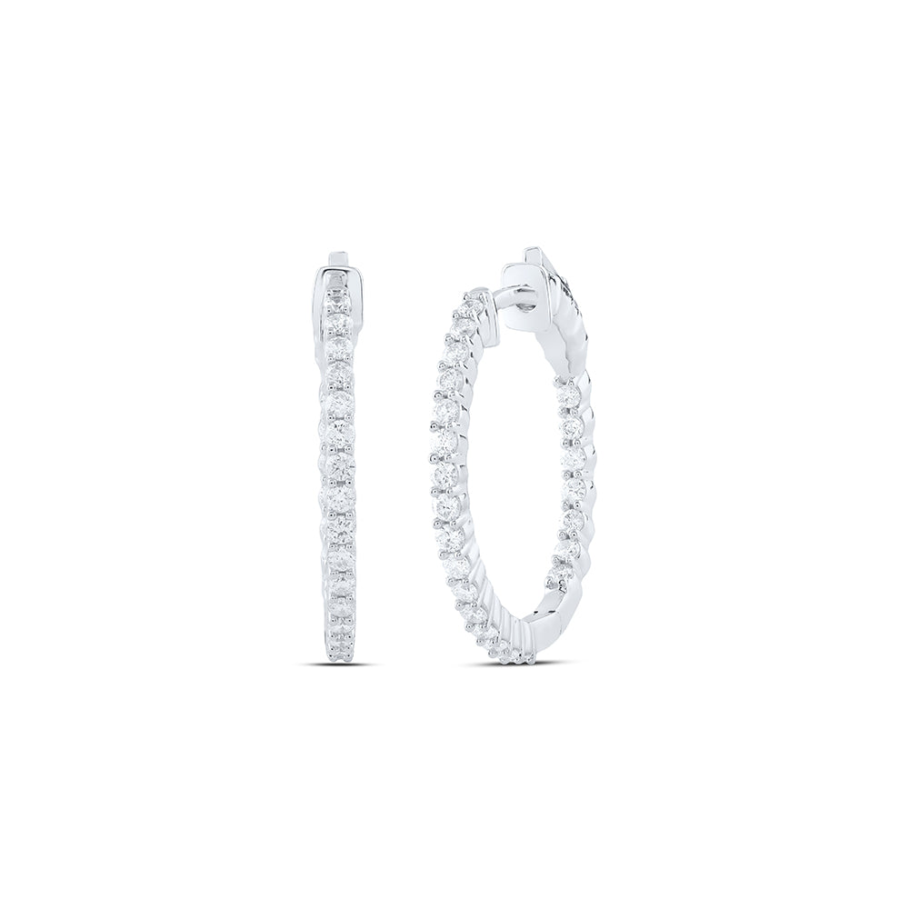 10K White Gold Womens Round Inside Outside Diamond Hoop Earrings 1 Cttw, Length: 0.93 In, Width: 0.06 In