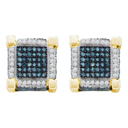 10kt Yellow Gold Mens Round Blue Color Enhanced Diamond Square Earrings 1.00 Cttw