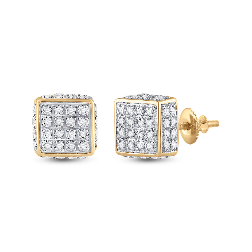 10K Yellow Gold Round Diamond 3D Square Stud Earrings 1/4 Cttw