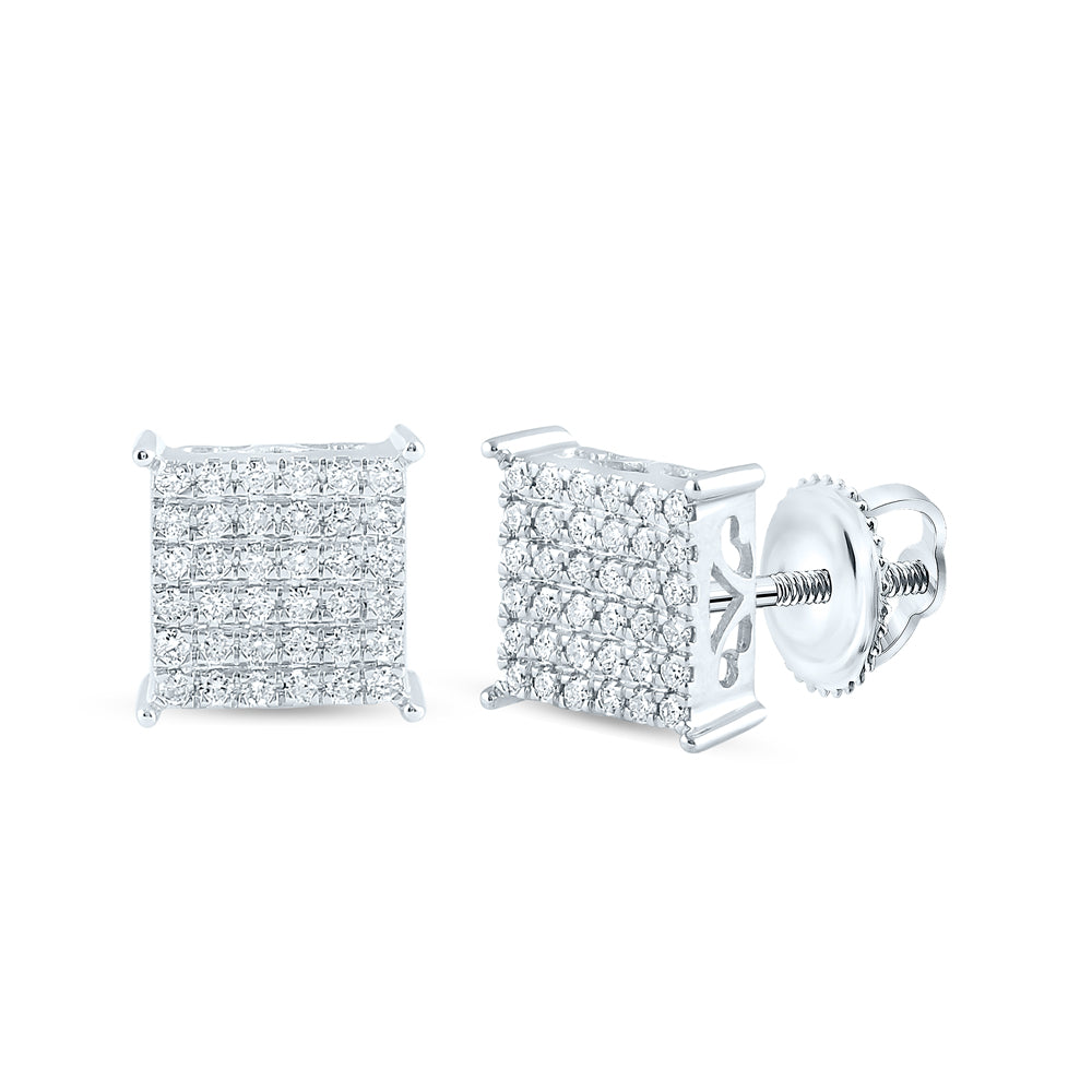 10K White Gold Womens Round Diamond Square Earrings 1/2 Cttw, Length: 0.37 In, Width: 0.37 In