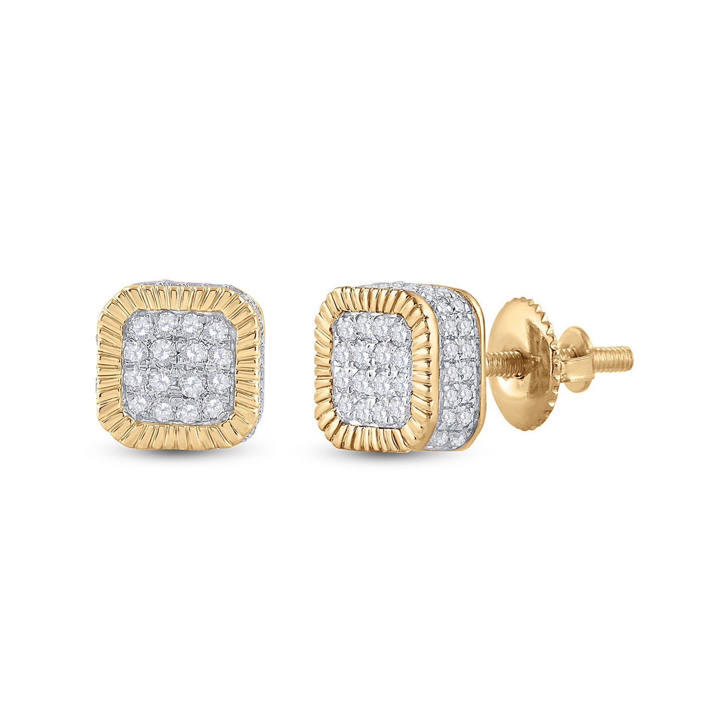 10K Yellow Gold Round Diamond Cluster Fluted Square Stud Earrings 1/2 Cttw