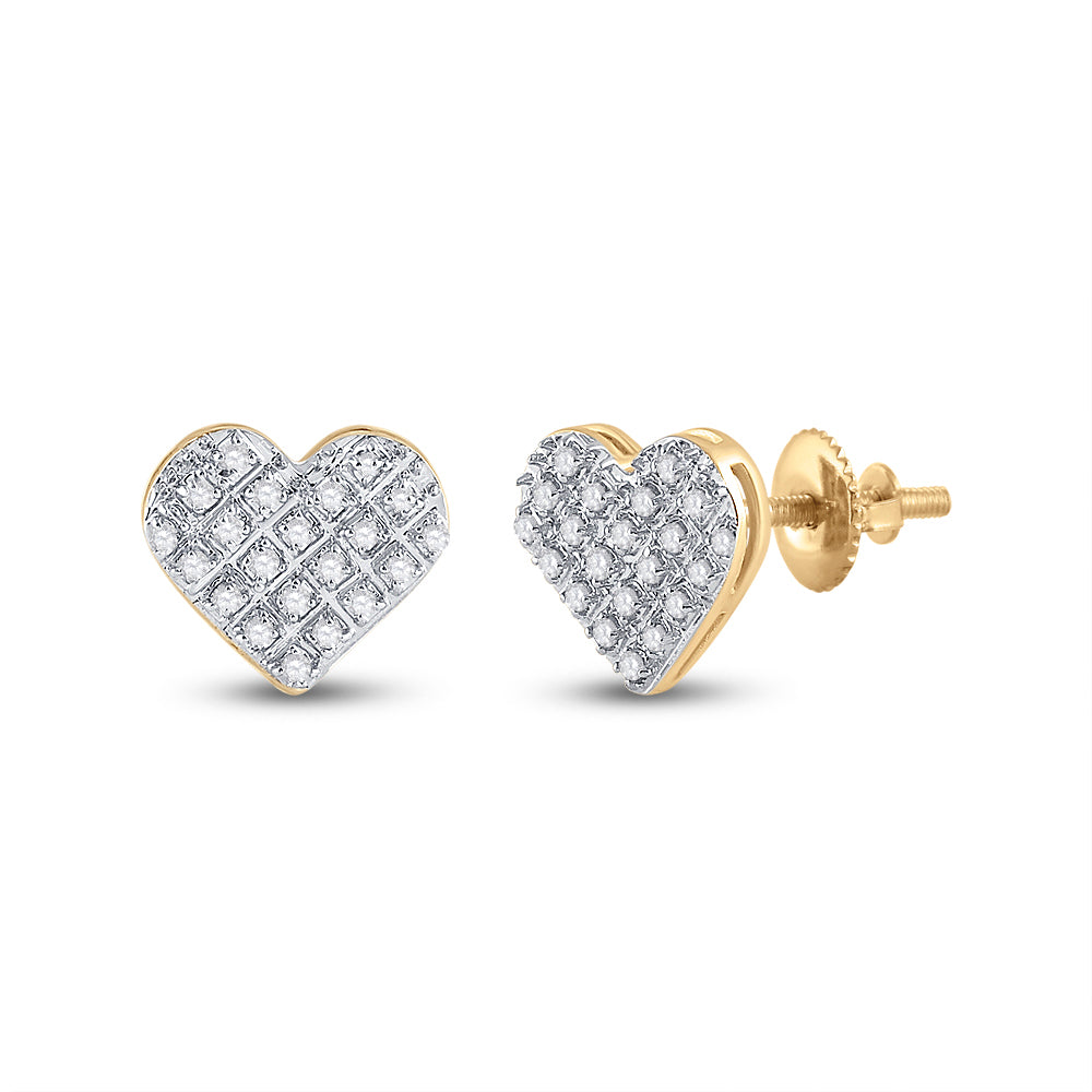10K Yellow Gold Womens Round Diamond Heart Earrings 1/6 Cttw