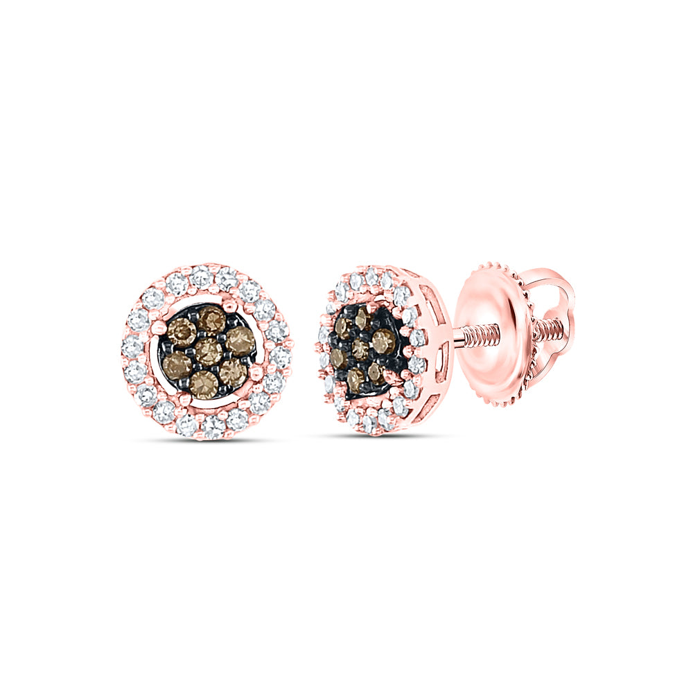10K Rose Gold Womens Round Brown Diamond Flower Cluster Earrings 1/4 Cttw, Length: 0.26 In, Width: 0.26 In