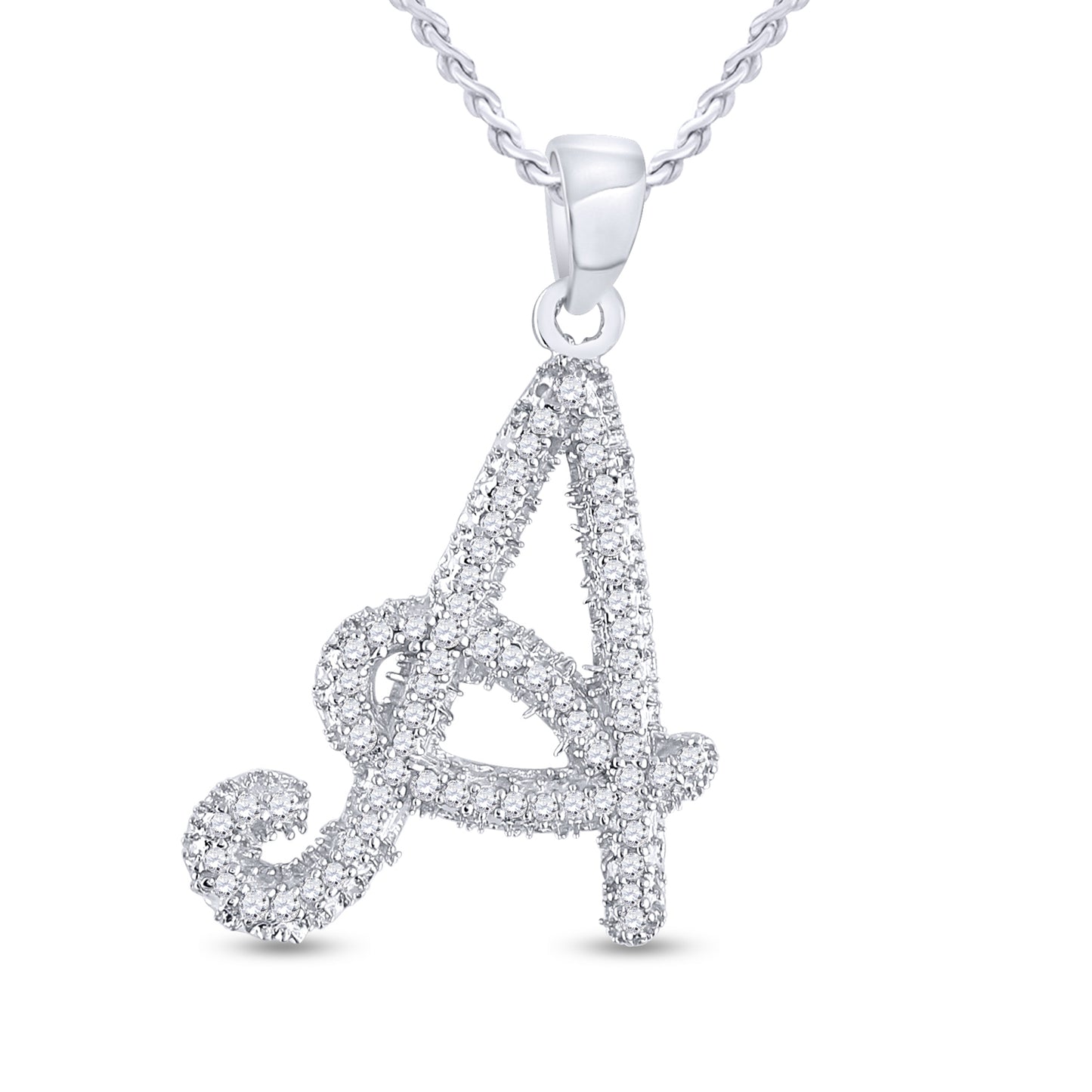 10K White Gold Womens Round Diamond Cursive Letter Pendant