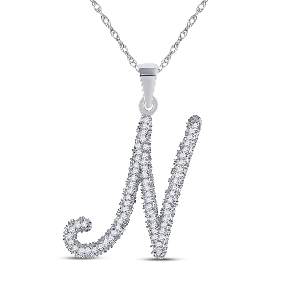 10K White Gold Womens Round Diamond Cursive Letter Pendant