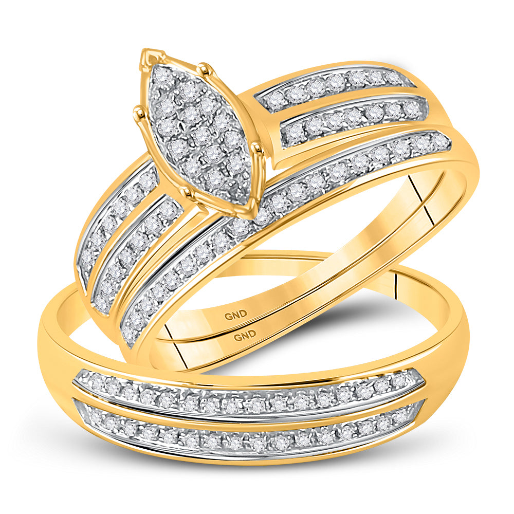 10K Yellow Gold His Hers Round Diamond Cluster Matching Wedding Set 1/4 Cttw, Womens Size: 5-10, Mens Size: 7-13