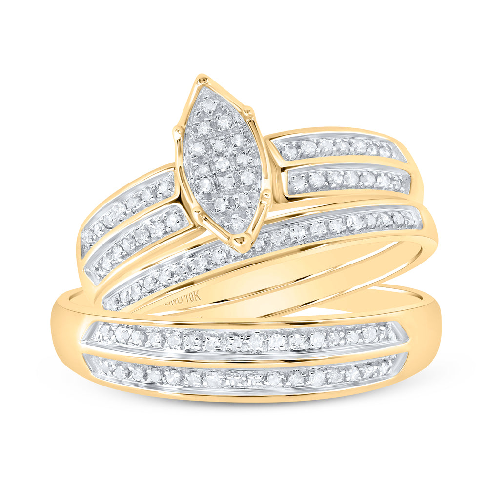 10K Yellow Gold His Hers Round Diamond Cluster Matching Wedding Set 1/4 Cttw, Womens Size: 5-10, Mens Size: 7-13