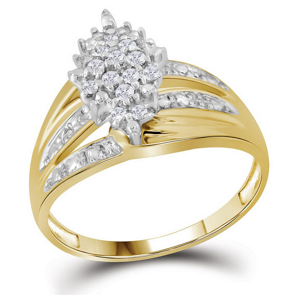 10K Yellow Gold Womens Round Prong-set Diamond Oval Cluster Ring 1/5 Cttw, Womens Size: 5-10