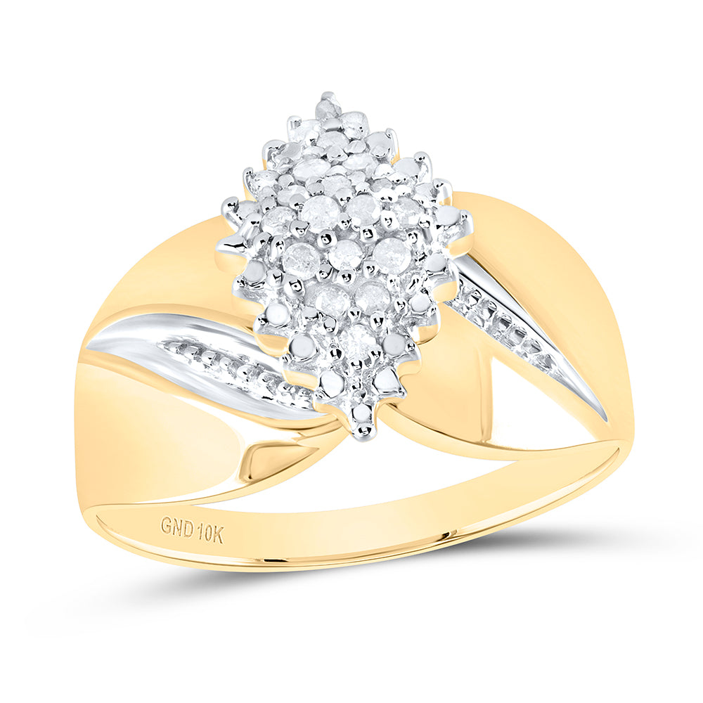 10K Yellow Gold Womens Round Prong-set Diamond Oval Cluster Ring 1/8 Cttw, Womens Size: 5-10