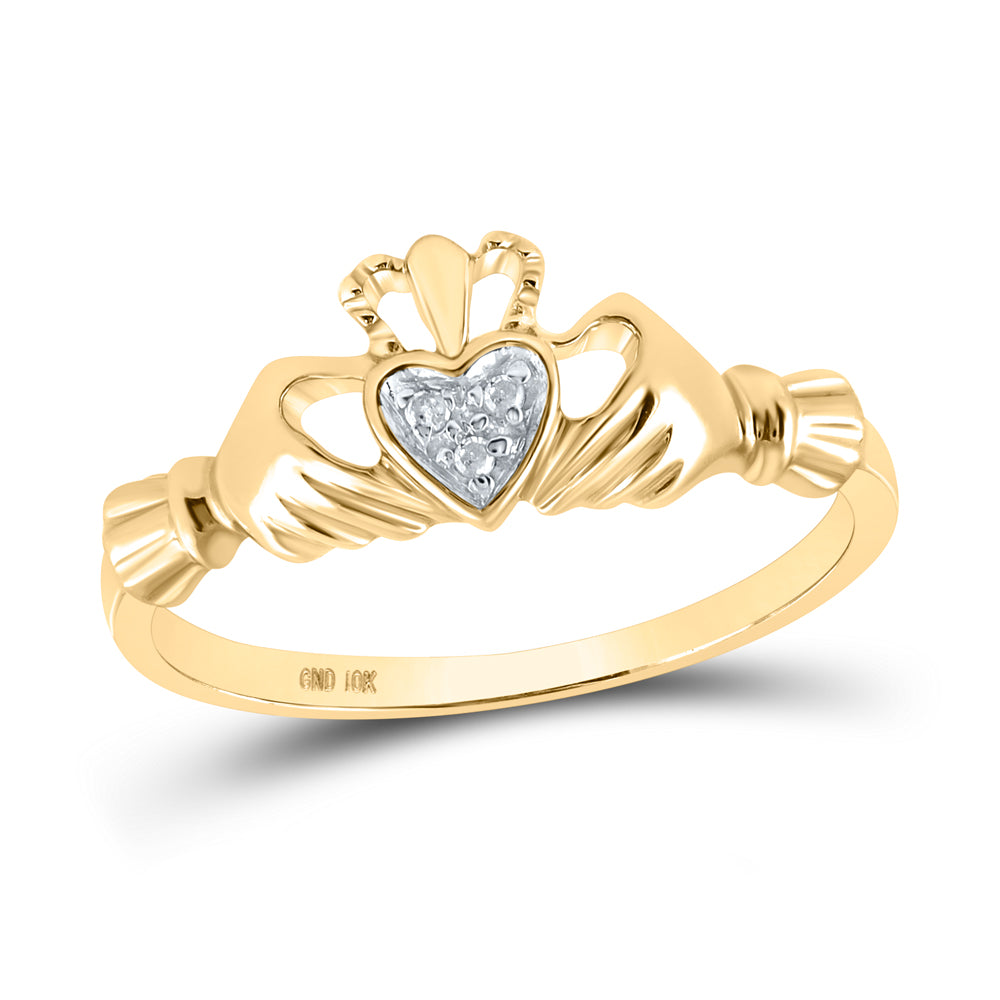 10K Yellow Or White Gold Womens Round Diamond Claddagh Heart Ring .02 Cttw, Womens Size: 5-10