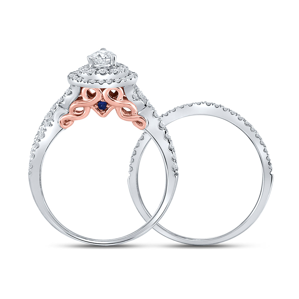 14K Two-tone Gold Pear Diamond Halo Bridal Wedding Ring Band Set 1 Cttw, Womens Size: 5-10