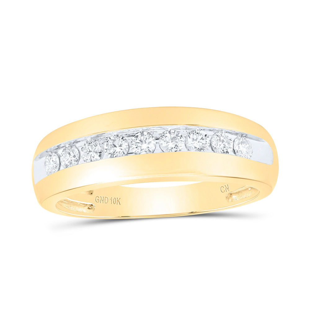 10K Yellow Gold Mens Round Diamond Wedding Single Row Band Ring 1/2ctw, Mens Size: 7-13