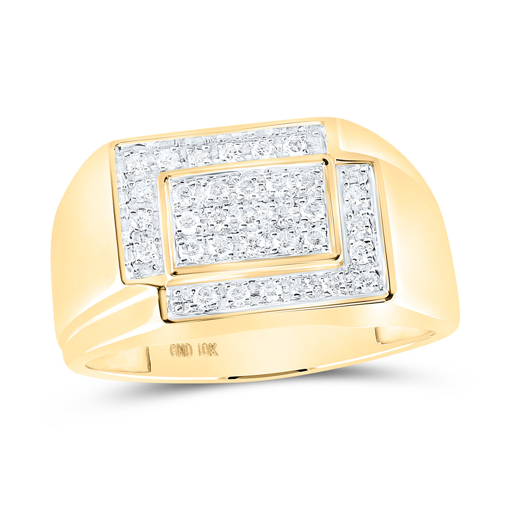 10K Yellow Gold Mens Round Diamond Rectangle Cluster Ring 1/4ctw, Mens Size: 7-13