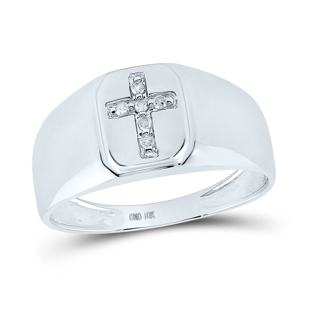 10K White Gold Mens Round Diamond Cross Band Ring 1/20 Cttw, Mens Size: 7-13