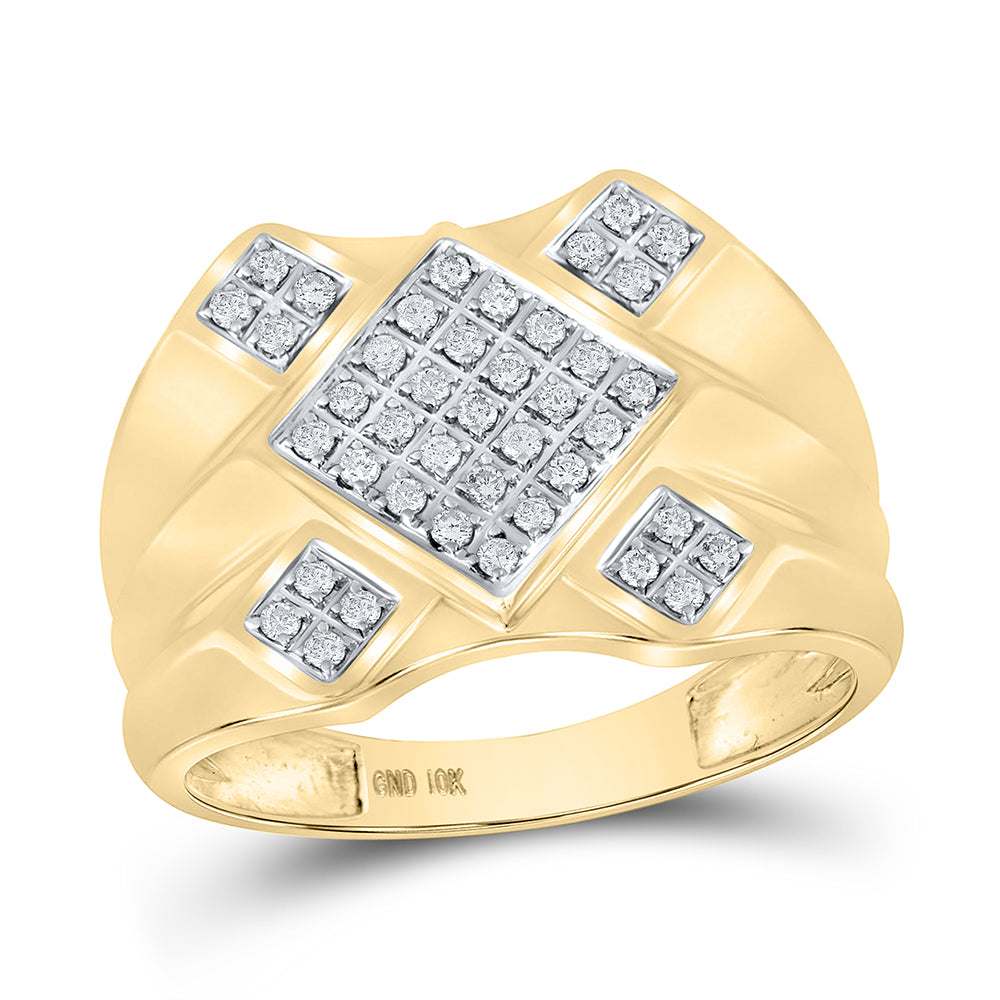 10K Yellow Gold Mens Round Diamond Diagonal Square Cluster Ring 1/3 Cttw, Mens Size: 7-13