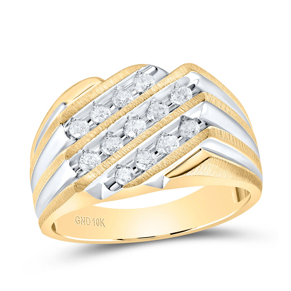10K Yellow Gold Mens Round Diamond Triple Row Cluster Ring 1/2 Cttw, Mens Size: 7-13