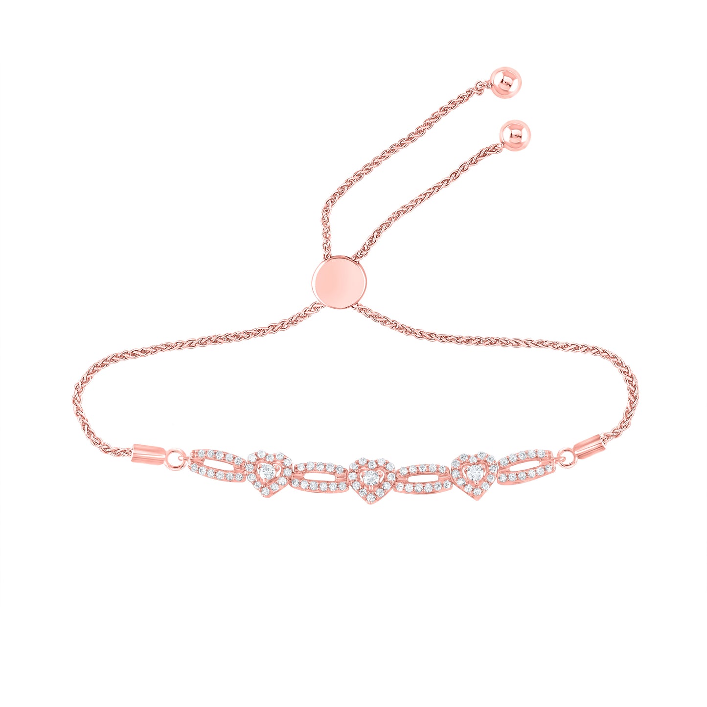 10K Rose Gold Womens Round Diamond Triple Heart Bolo Bracelet 1/2 Cttw