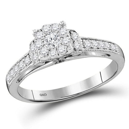 10kt White Gold Womens Round Diamond Cluster Milgrain Bridal Wedding Engagement Anniversary Ring 3/8 Cttw, Women Size: 5-9