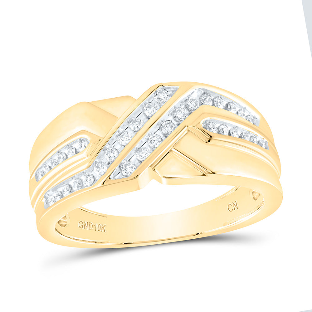 10kt Yellow Gold Mens Round Diamond Diagonal Double Row Band Ring 1/4 Cttw, Men Size: 8-12