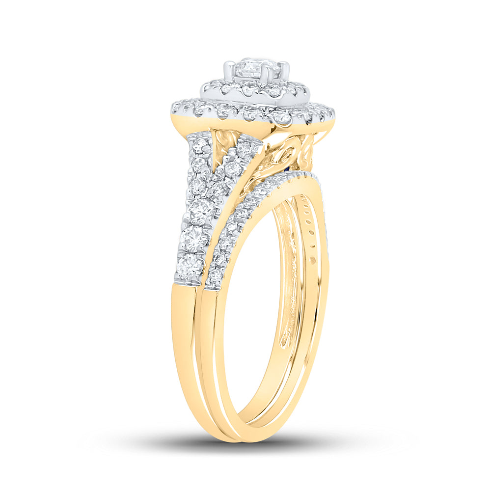 14K Yellow Gold Round Diamond Halo Bridal Wedding Ring Band Set 1ctw, Womens Size: 5-10
