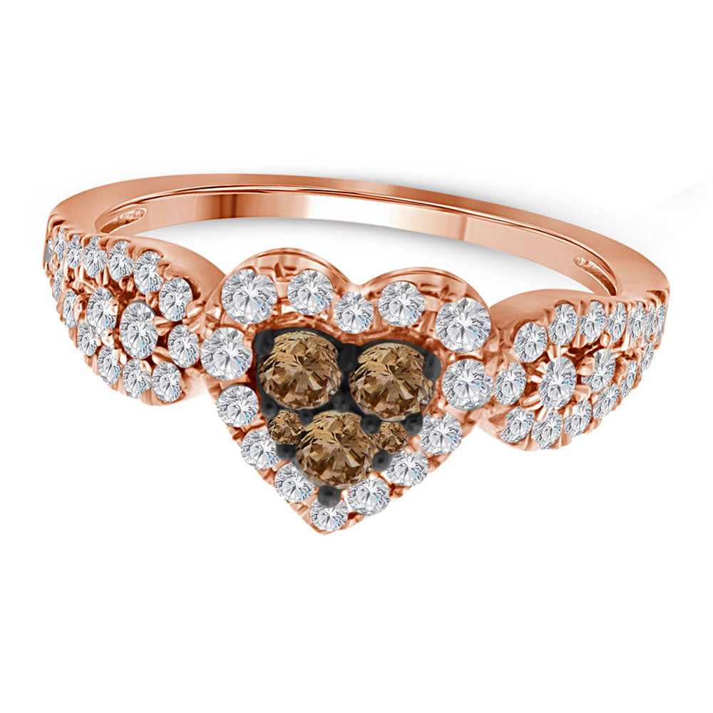 10K Rose Gold Womens Round Brown Diamond Heart Cluster Ring 3/4 Cttw, Womens Size: 5-10