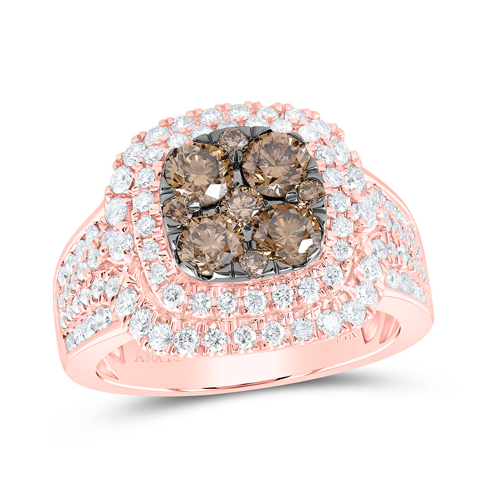 14kt Rose Gold Womens Round Brown Diamond Cushion Bridal Wedding Engagement Anniversary Ring 2.00 Cttw, Women Size: 5-9