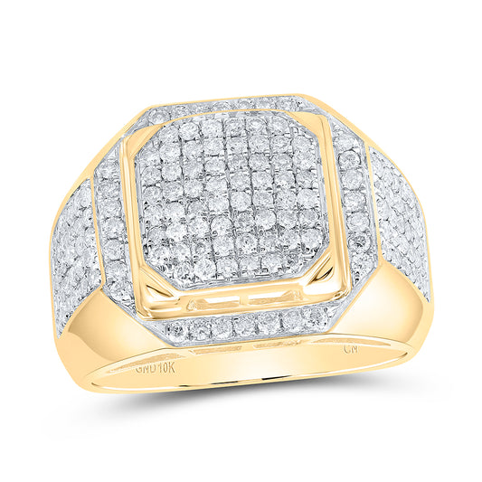 10kt Yellow Gold Mens Round Diamond Square Elevated Cluster Ring 1-1/2 Cttw, Men Size: 8-12
