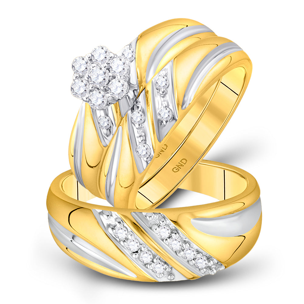 10K Yellow Gold His Hers Round Diamond Cluster Matching Wedding Set 3/8 Cttw, Womens Size: 5-10, Mens Size: 7-13