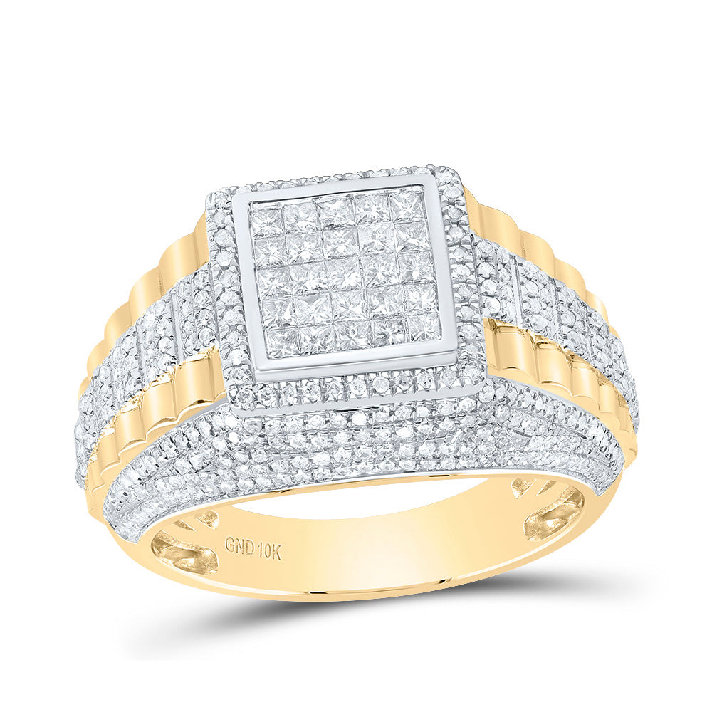 10K Yellow Gold Mens Round Diamond Square Cluster Ring 1-1/3 Cttw, Mens Size: 7-13