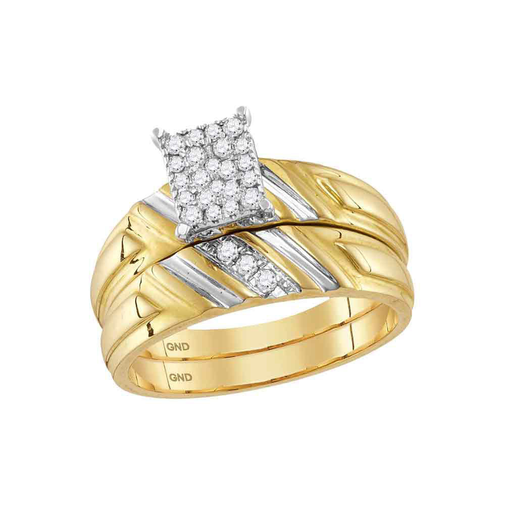 14K Yellow Gold His Hers Round Diamond Cluster Matching Wedding Set 1/4 Cttw, Womens Size: 5-10, Mens Size: 7-13