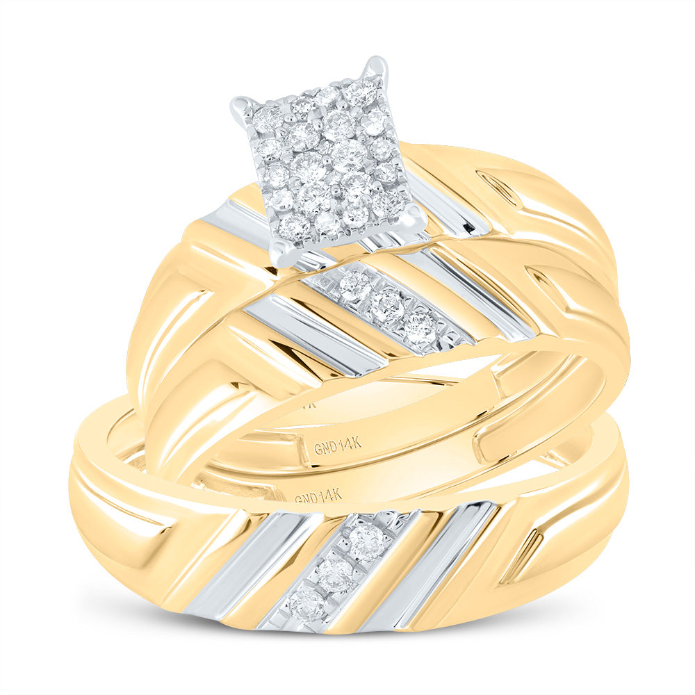 14K Yellow Gold His Hers Round Diamond Cluster Matching Wedding Set 1/4 Cttw, Womens Size: 5-10, Mens Size: 7-13