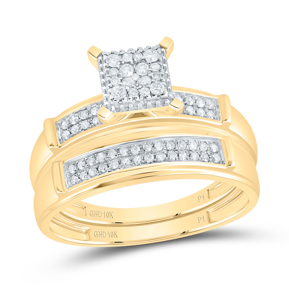 10K Yellow Gold His Hers Round Diamond Square Matching Wedding Set 3/8 Cttw, Womens Size: 5-10, Mens Size: 7-13