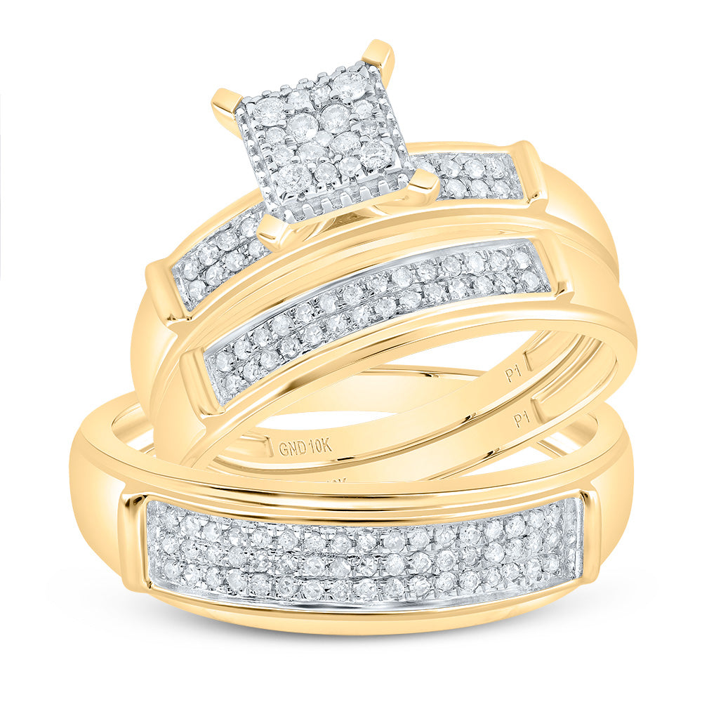 10K Yellow Gold His Hers Round Diamond Square Matching Wedding Set 3/8 Cttw, Womens Size: 5-10, Mens Size: 7-13