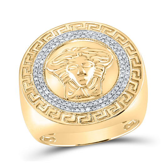 10kt Yellow Gold Mens Round Diamond Medusa Face Greek Key Ring 1/3 Cttw, Men Size: 8-12