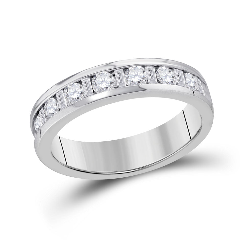 14K White Gold Womens Alternating Round Baguette Diamond Single Row Wedding Band 1 Cttw, Womens Size: 5-10