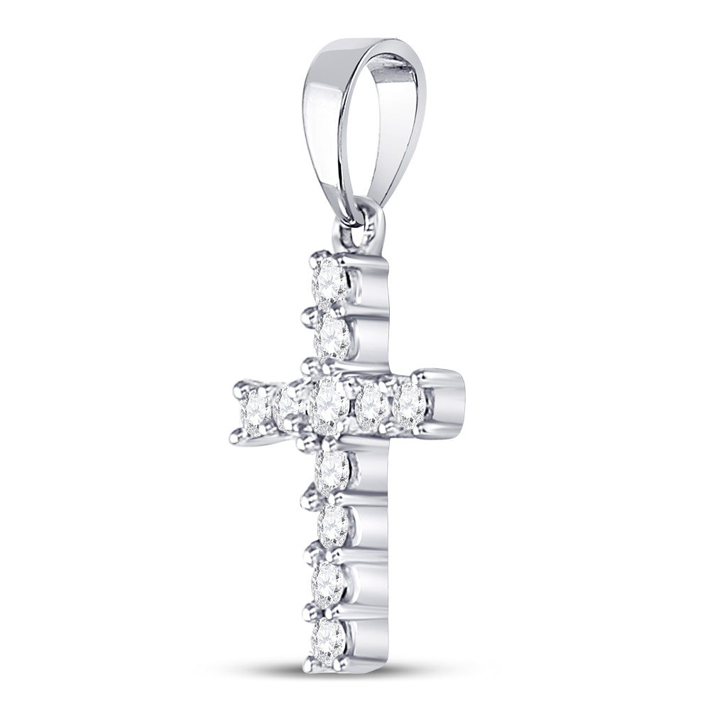 14K White Gold Womens Round Diamond Cross Pendant 1/10 Cttw, Length: 0.5 In, Width: 0.31 In