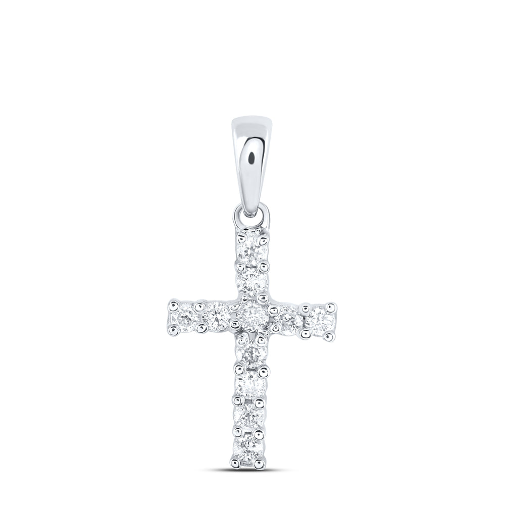 14K White Gold Womens Round Diamond Cross Pendant 1/10 Cttw, Length: 0.5 In, Width: 0.31 In
