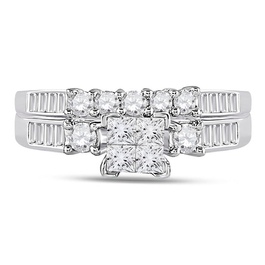 10kt White Gold Womens Princess Diamond Bridal Wedding Engagement Anniversary Ring Band Set