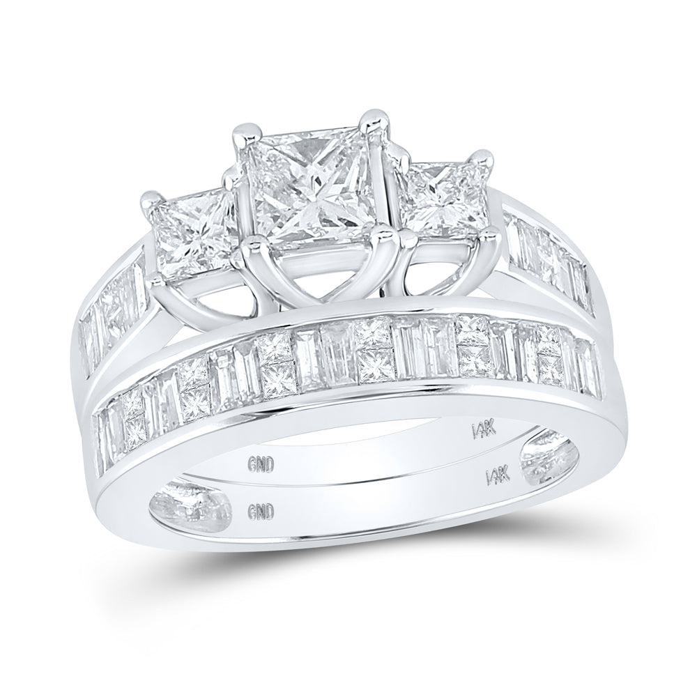 14kt White Gold Womens Princess Diamond 3-stone Bridal Wedding Engagement Ring Band Set 2.00 Cttw