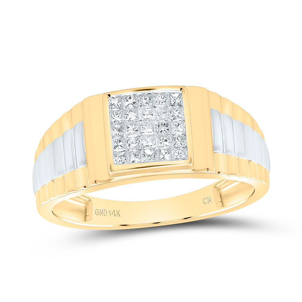 14kt Yellow Gold 14kt Two-tone Gold Mens Princess Diamond Ribbed Cluster Ring 1/4 Cttw, Men Size: 8-12
