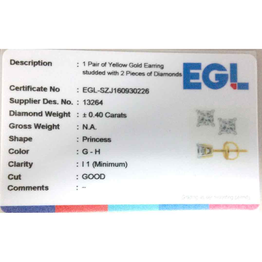 14K Yellow Or White Gold Unisex Princess Diamond Solitaire Stud Earrings 3/8 Cttw