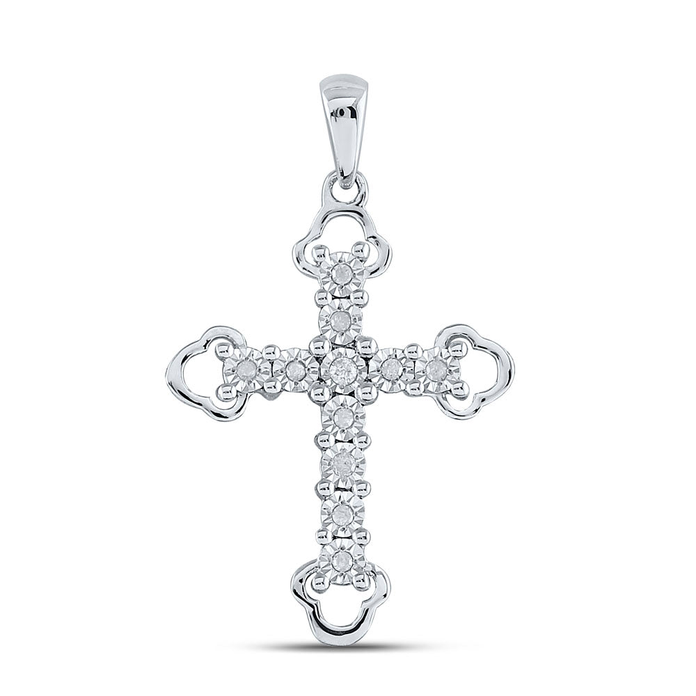 Sterling Silver Womens Round Diamond Trefoil Tips Cross Pendant 1/8ctw