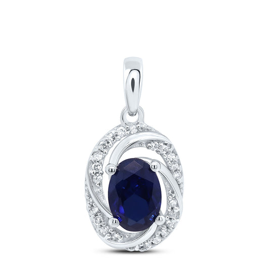10kt White Gold Womens Oval Lab-created Blue Sapphire Solitaire Diamond Pendant 1-1/3 Cttw