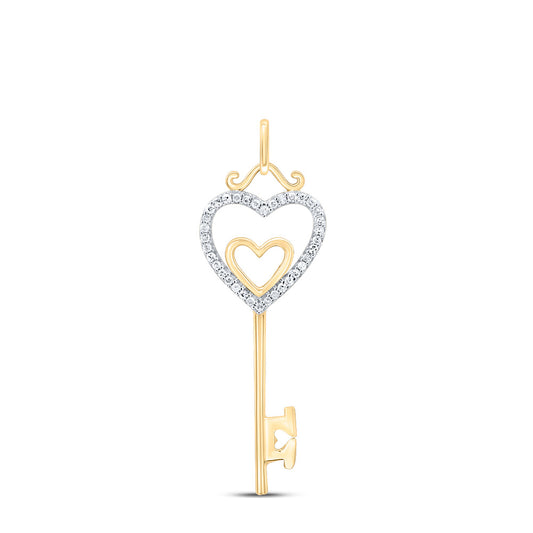 10kt Yellow Gold Womens Round Diamond Key Double Heart Pendant 1/10 Cttw