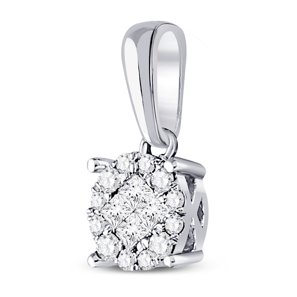 14K White Gold Womens Princess Diamond Cluster Pendant 1/6 Cttw, Length: 0.25 In, Width: 0.23 In