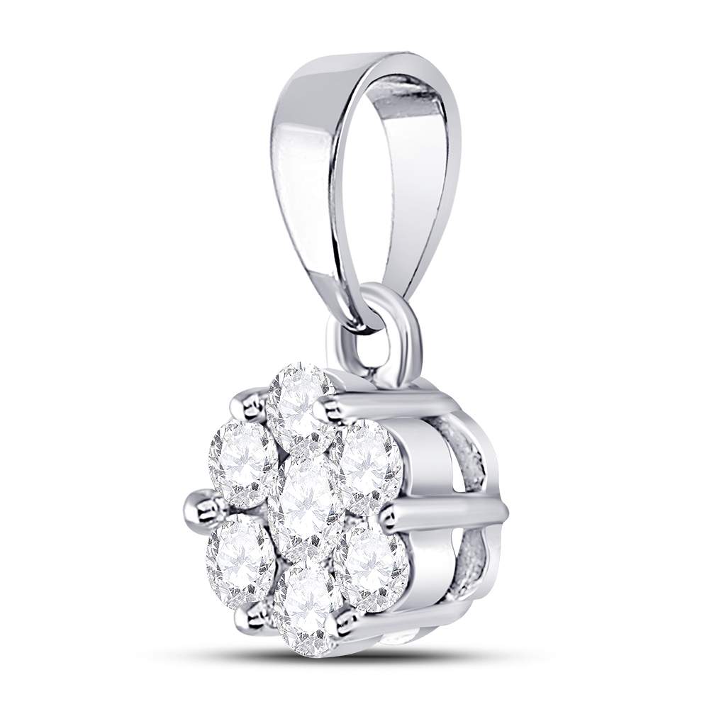14K White Gold Womens Round Diamond Flower Cluster Pendant 1/2 Cttw, Length: 0.54 In, Width: 0.28 In