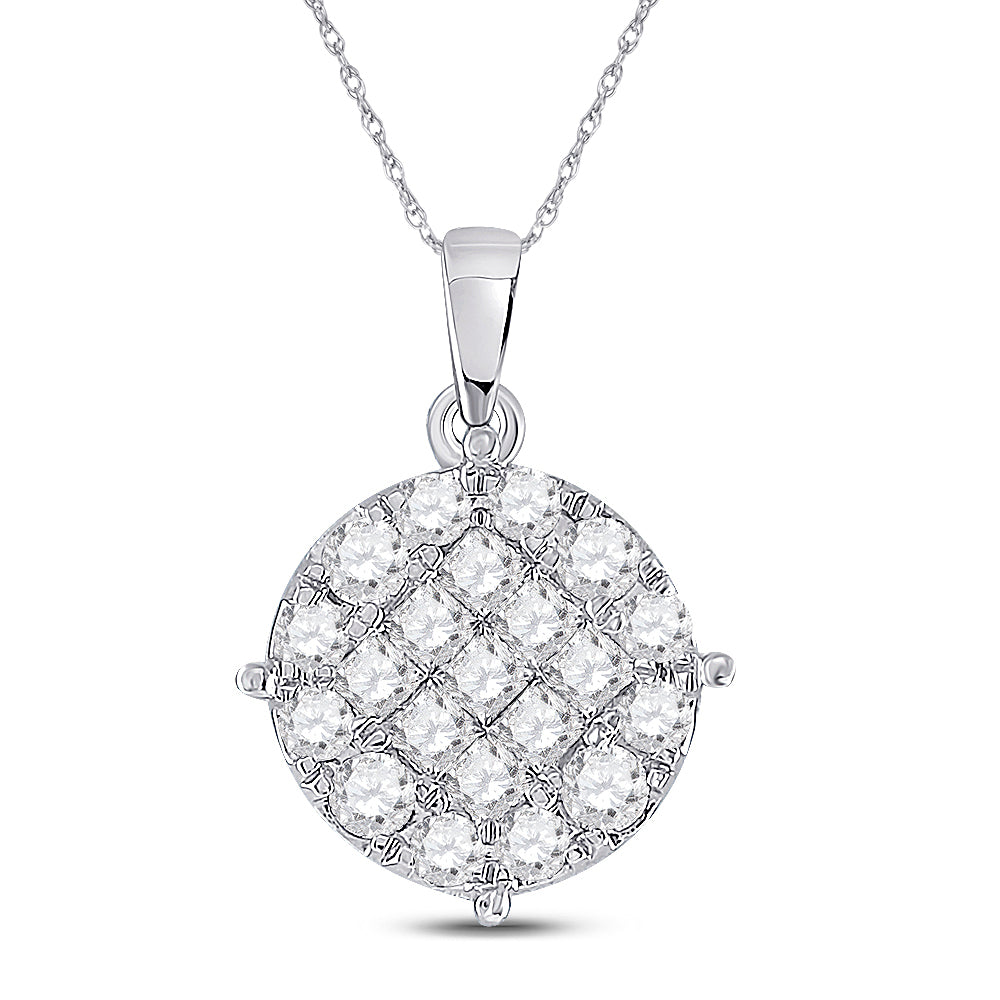 14K White Gold Womens Princess Diamond Circle Cluster Pendant 1 Cttw