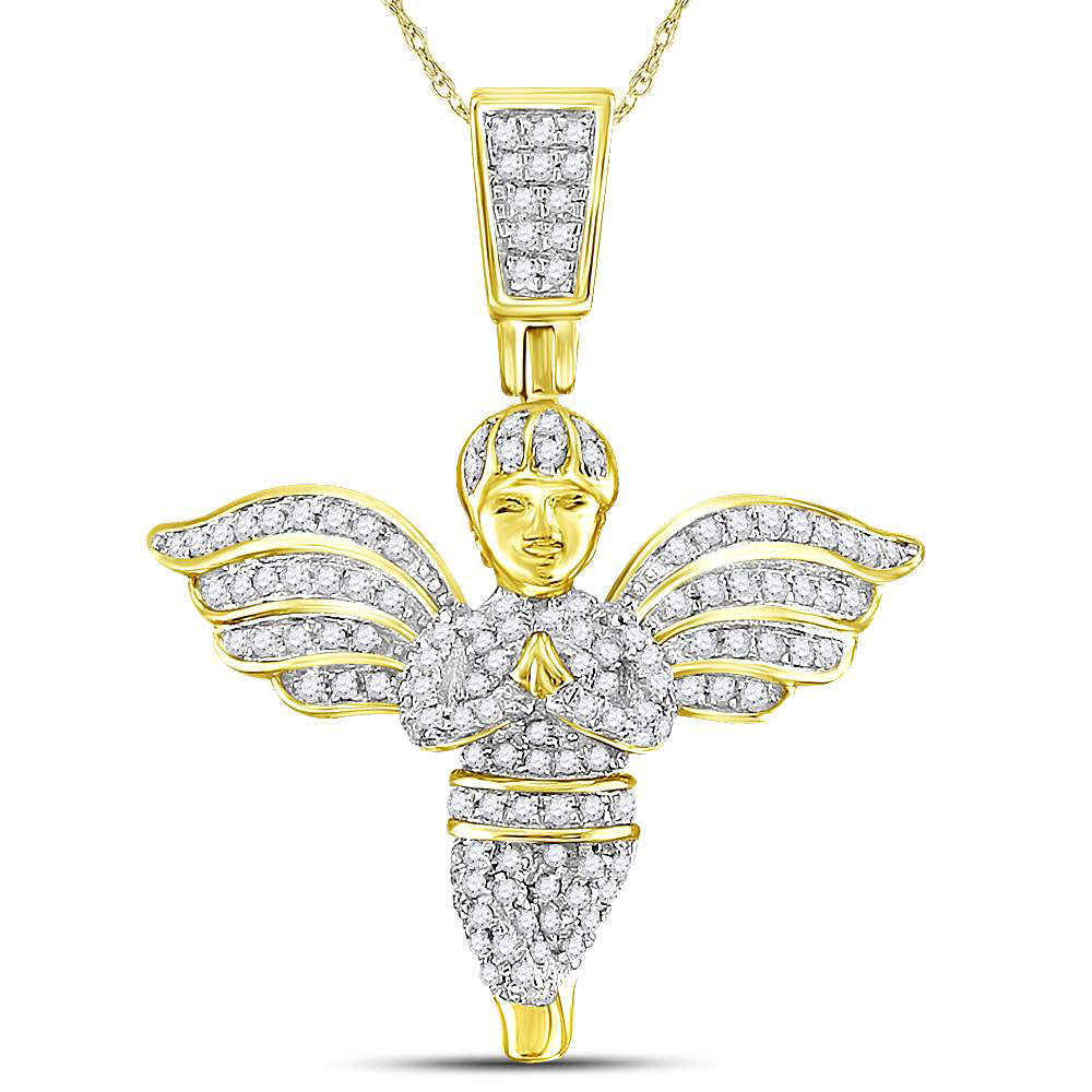 10K Yellow Gold Mens Round Angel Diamond Charm Pendant 3/8 Cttw, Length: 2.27 In, Width: 1.02 In